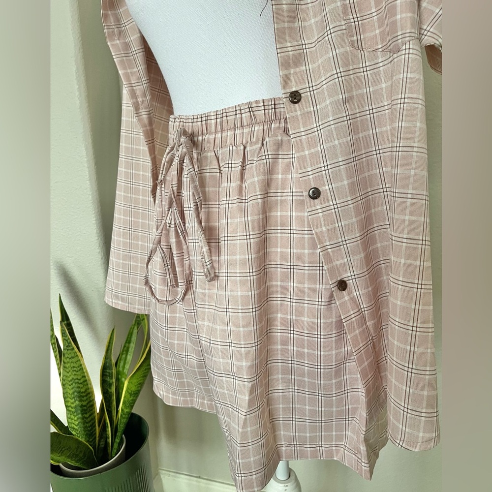 Casual Summer / Spring - Travel Pink Plaid Shirt and Shorts Set - Picture 7 of 11